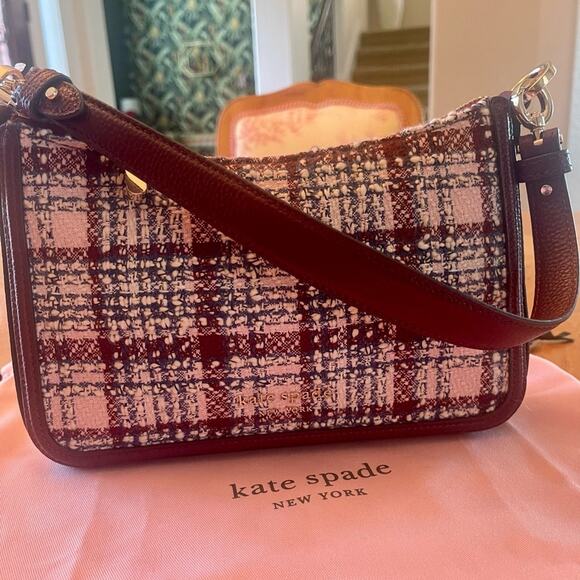 NWT Kate Spade medium Hudson tweed convertible bag in dark Merlot multi - Picture 7 of 13